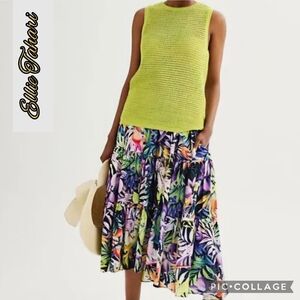 Elie Tahari full midi skirt tropical floral print 3 tiers zip back closure sz lg